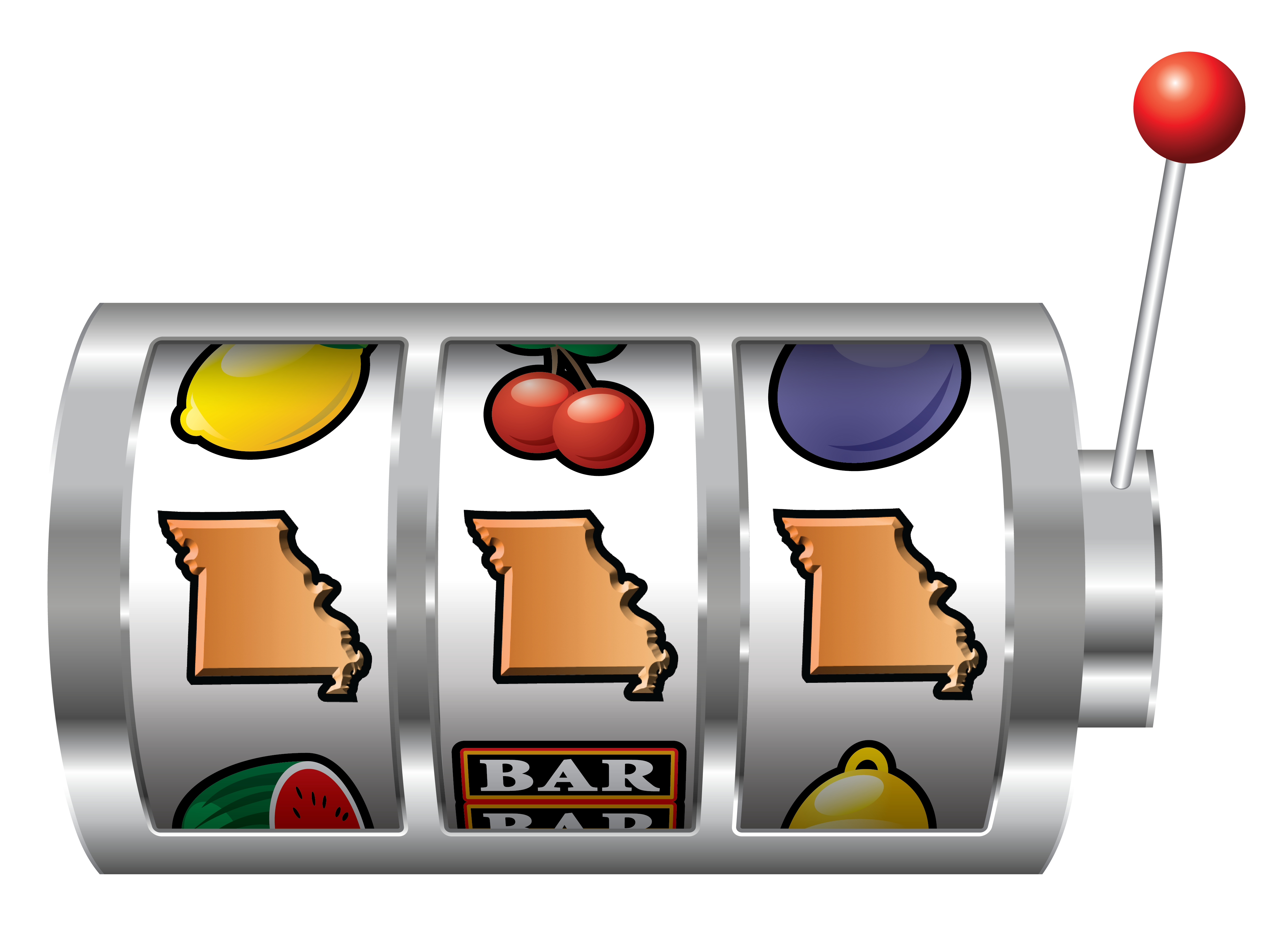 Three slot machine reels displaying the shape of Missouri